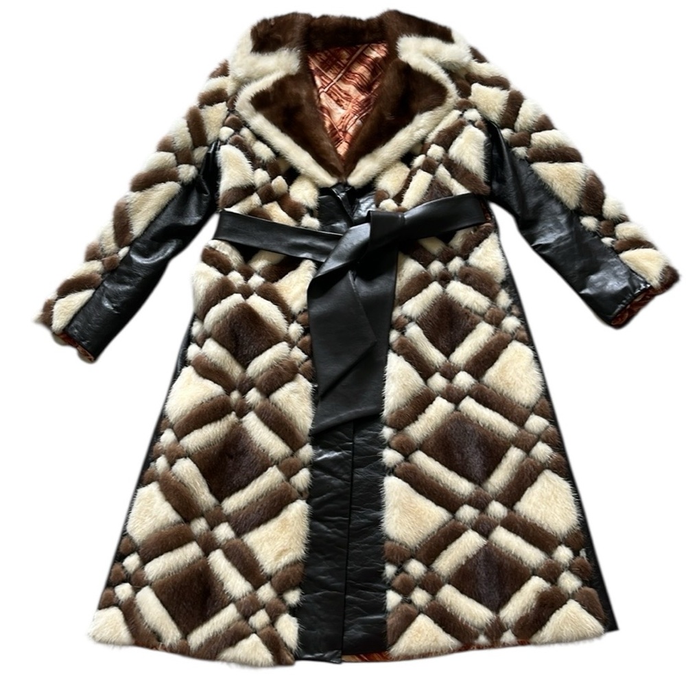 VTG Mink Fur & Leather Full Length Coat Jacket Geometric Patchwork 70s Size M/L?
